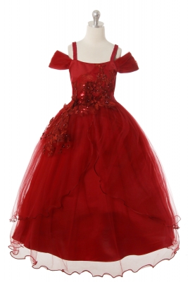 Girls Dress Style 1045 - Beautiful Off Shoulder Dress with Flower Lace Applique Details in Burgundy